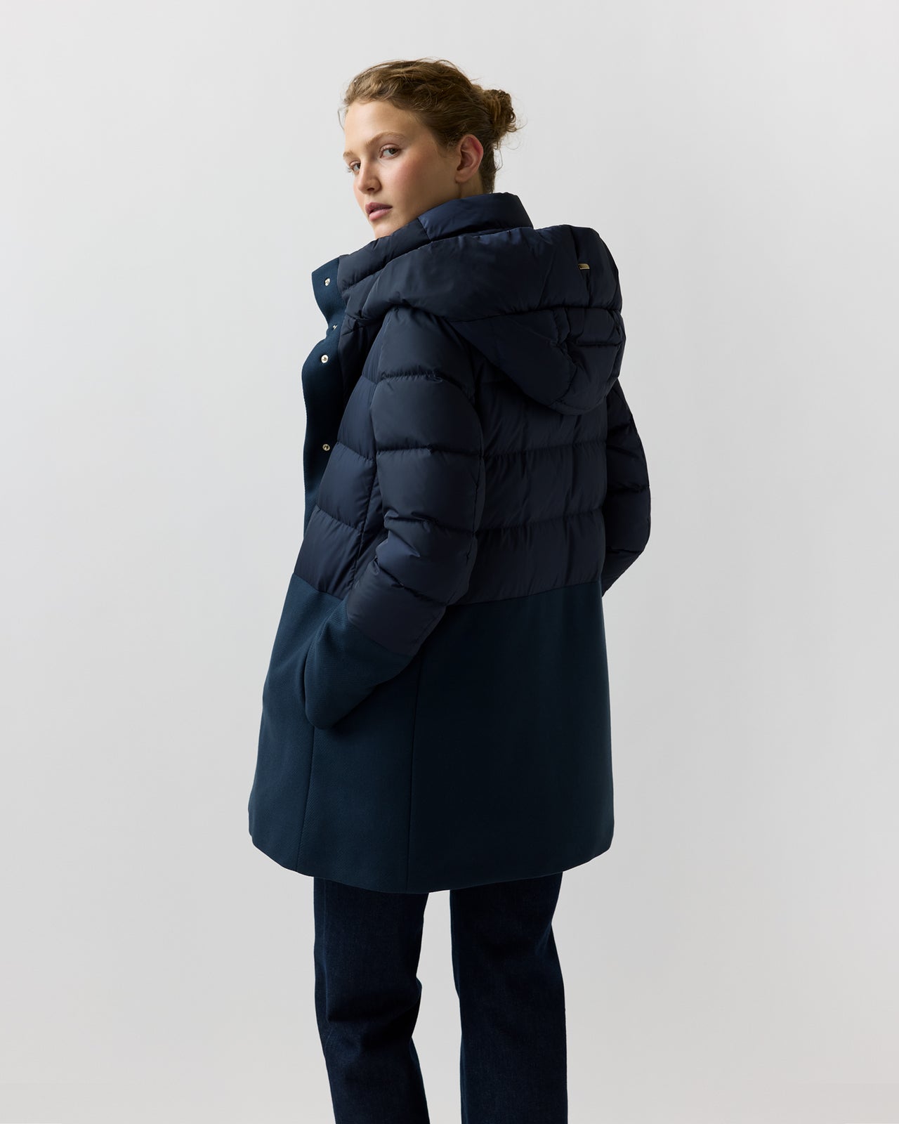 Mixed Media Long Puffer in Navy