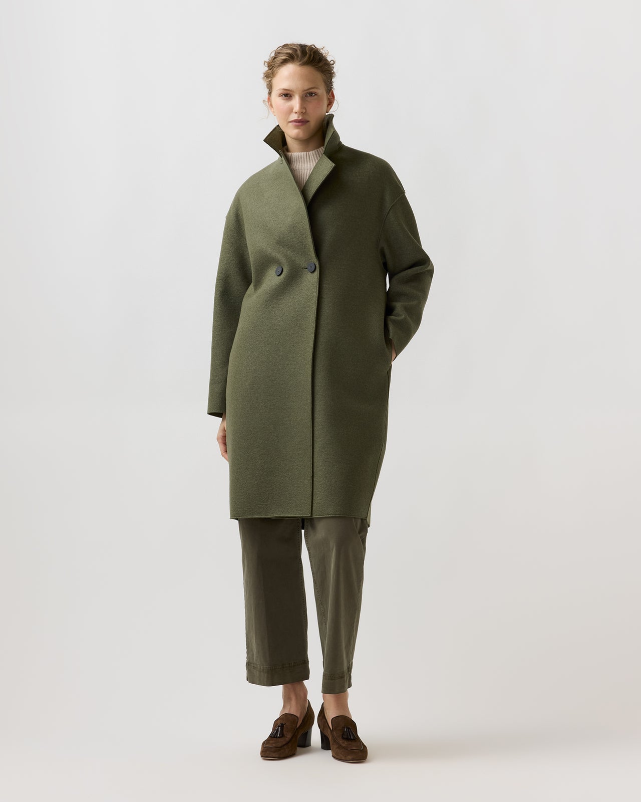 Dropped Shoulder Double Breasted Coat in Hunting Green
