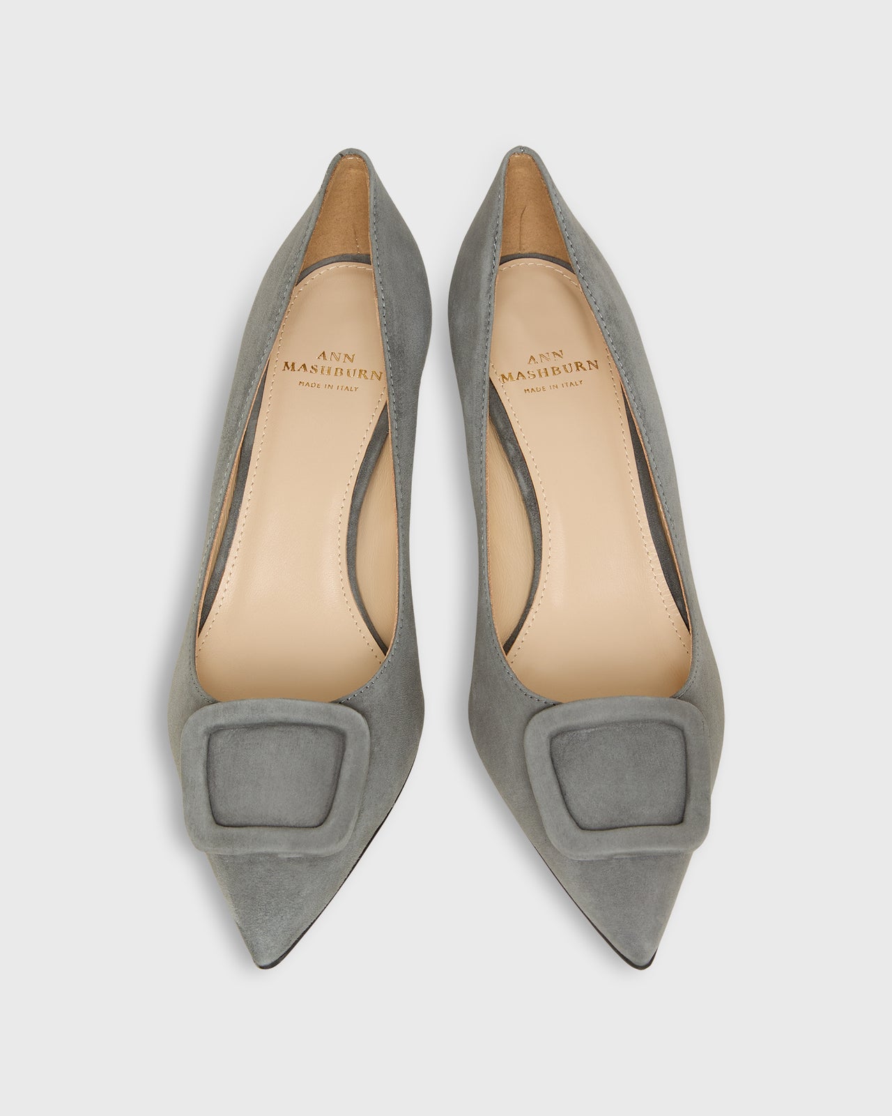Pointed-Toe Buckle Pump in Graphite Suede