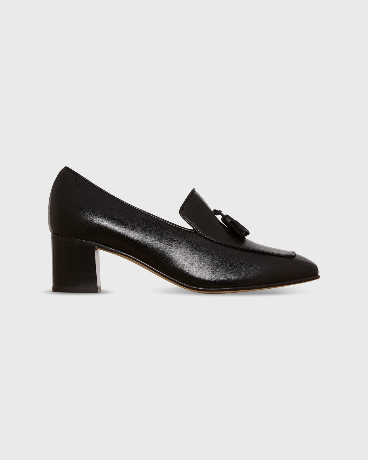 Tassel Heel Loafer in Black Leather