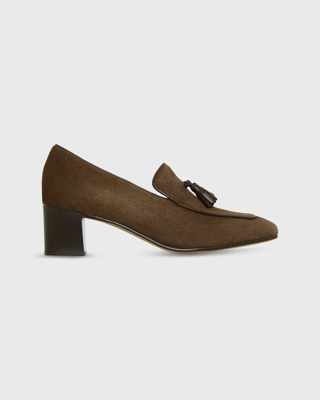 Tassel Heel Loafer in Brown Suede