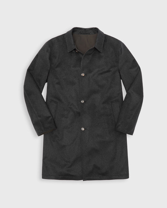A dark charcoal gray cashmere reversible coat with a button-up front and collar, displayed flat against a light gray background.
