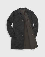Load image into Gallery viewer, A dark charcoal gray single-breasted coat with a contrasting brown reversible lining, displayed flat against a light gray background.
