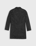 Load image into Gallery viewer, A dark charcoal gray cashmere coat shown from the back, featuring a classic collar and long sleeves, laid flat against a light gray background.
