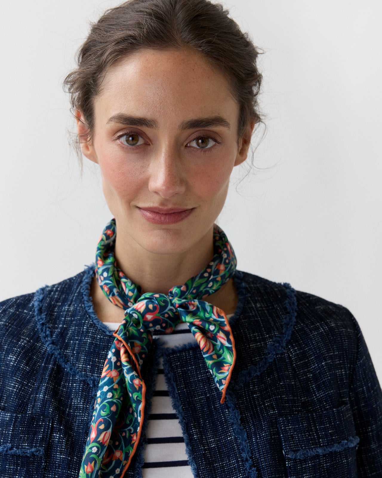 Medium Hand-Rolled Silk Scarf in Navy/Multi The Garden Room Liberty Fabric