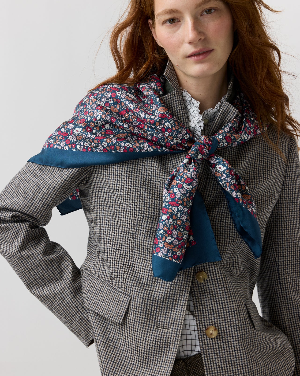 Large Hand-Rolled Scarf in Navy/Red Petal & Daisy Liberty Fabric Silk Twill