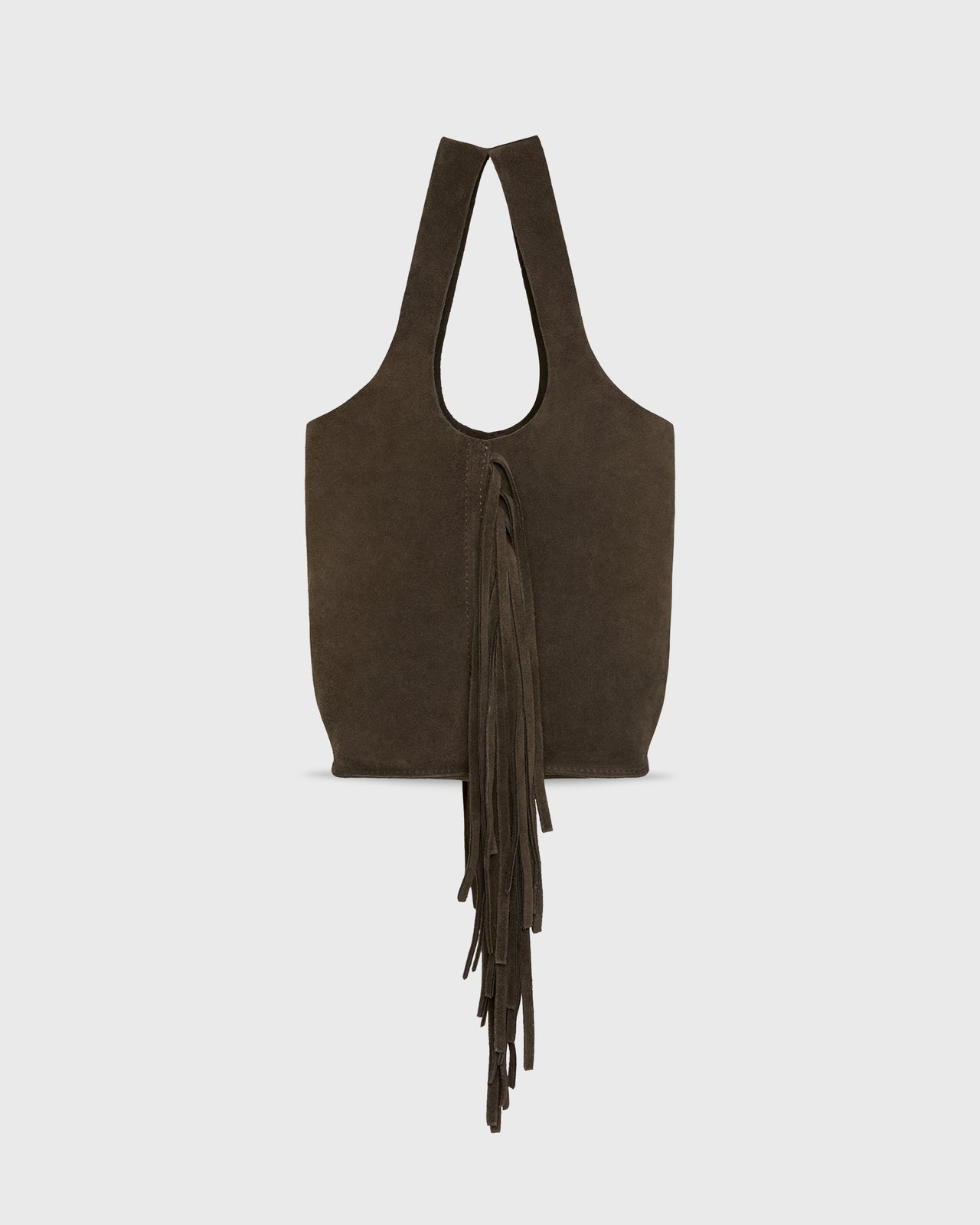 Fringed Paola Bucket Bag in Dark Brown Suede/Leather