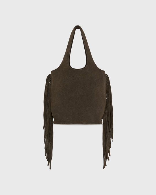 Fringed Paola Bucket Bag in Dark Brown Suede/Leather
