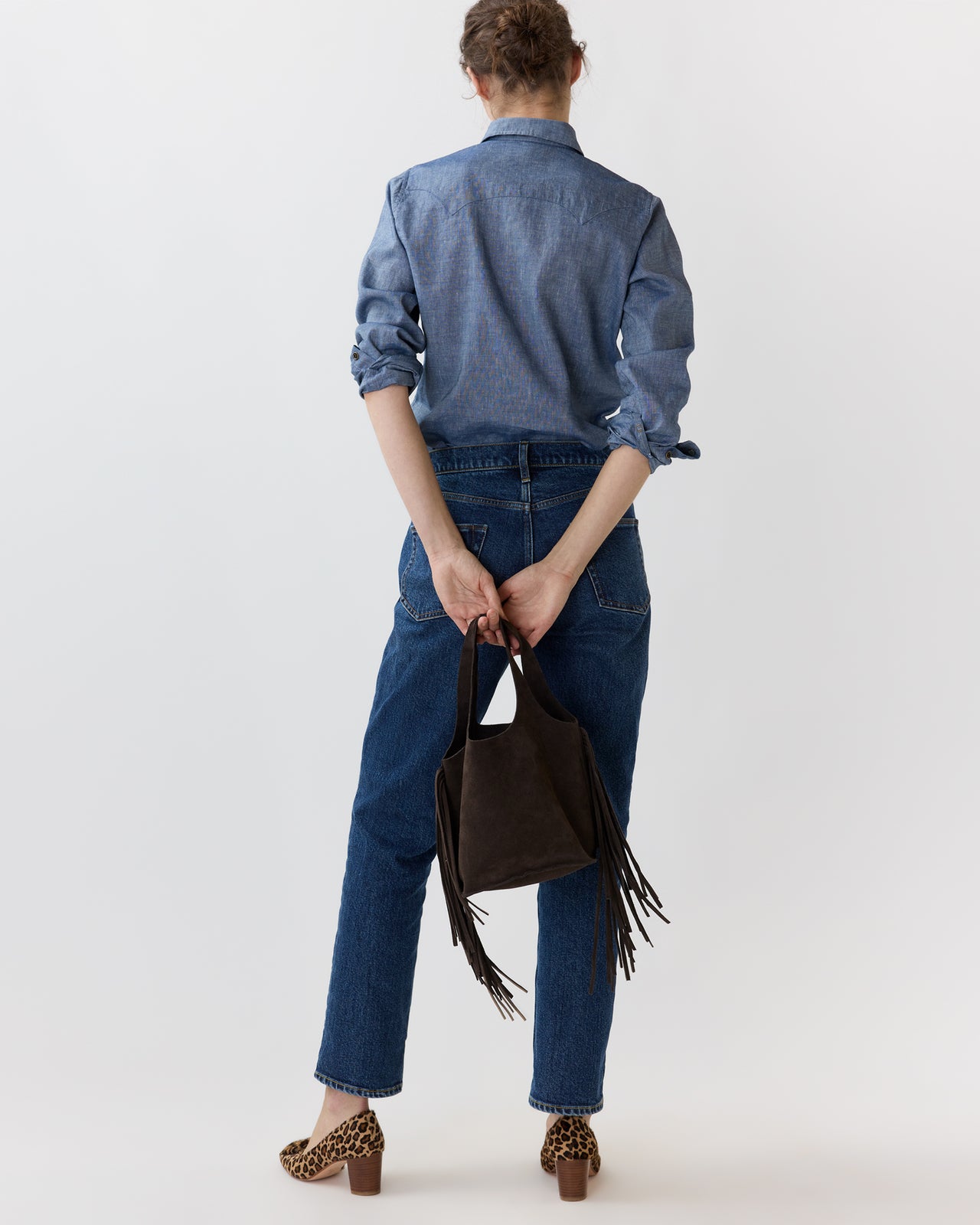 Fringed Paola Bucket Bag in Dark Brown Suede/Leather
