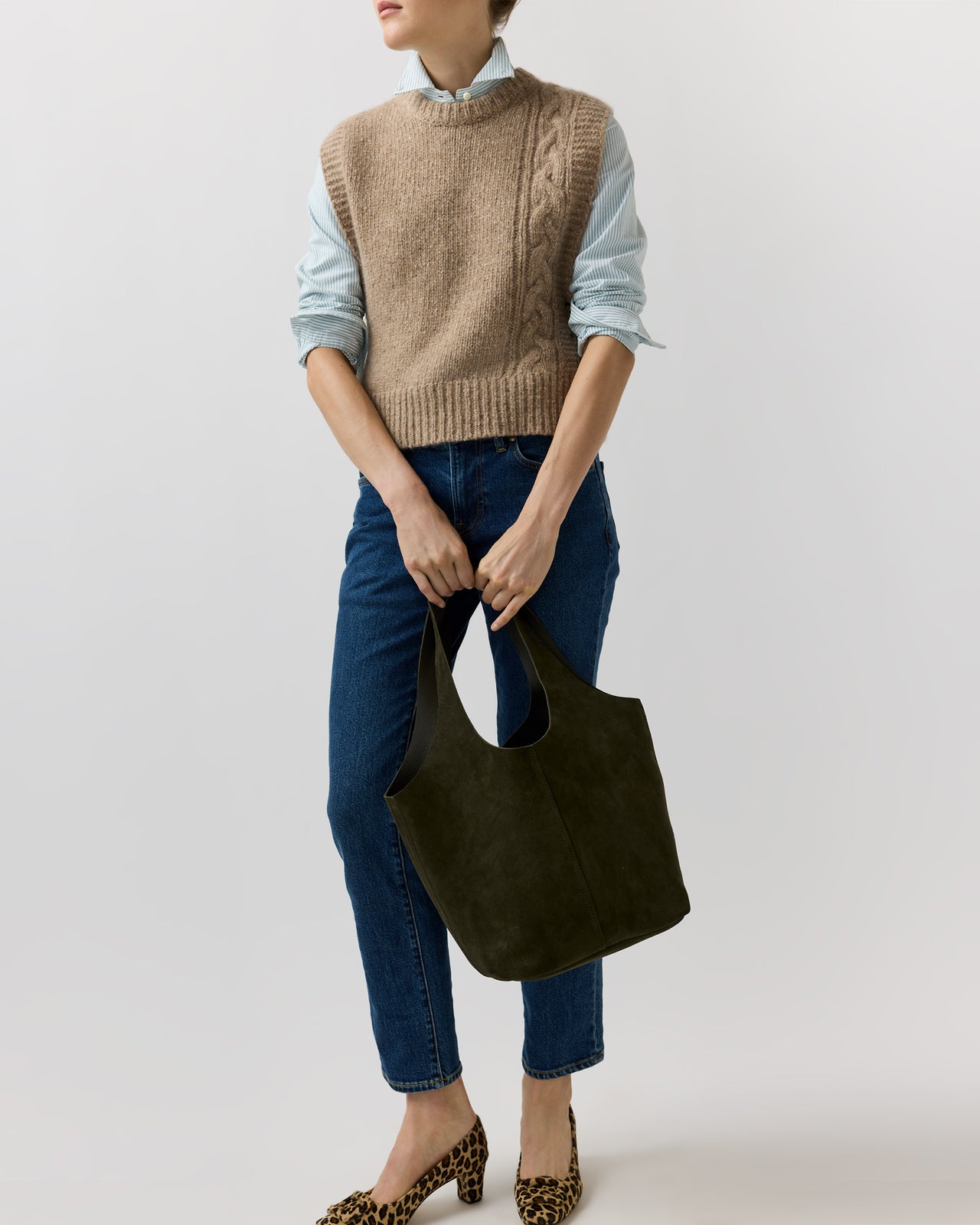 Large Paola Bucket Bag in Dark Olive Suede