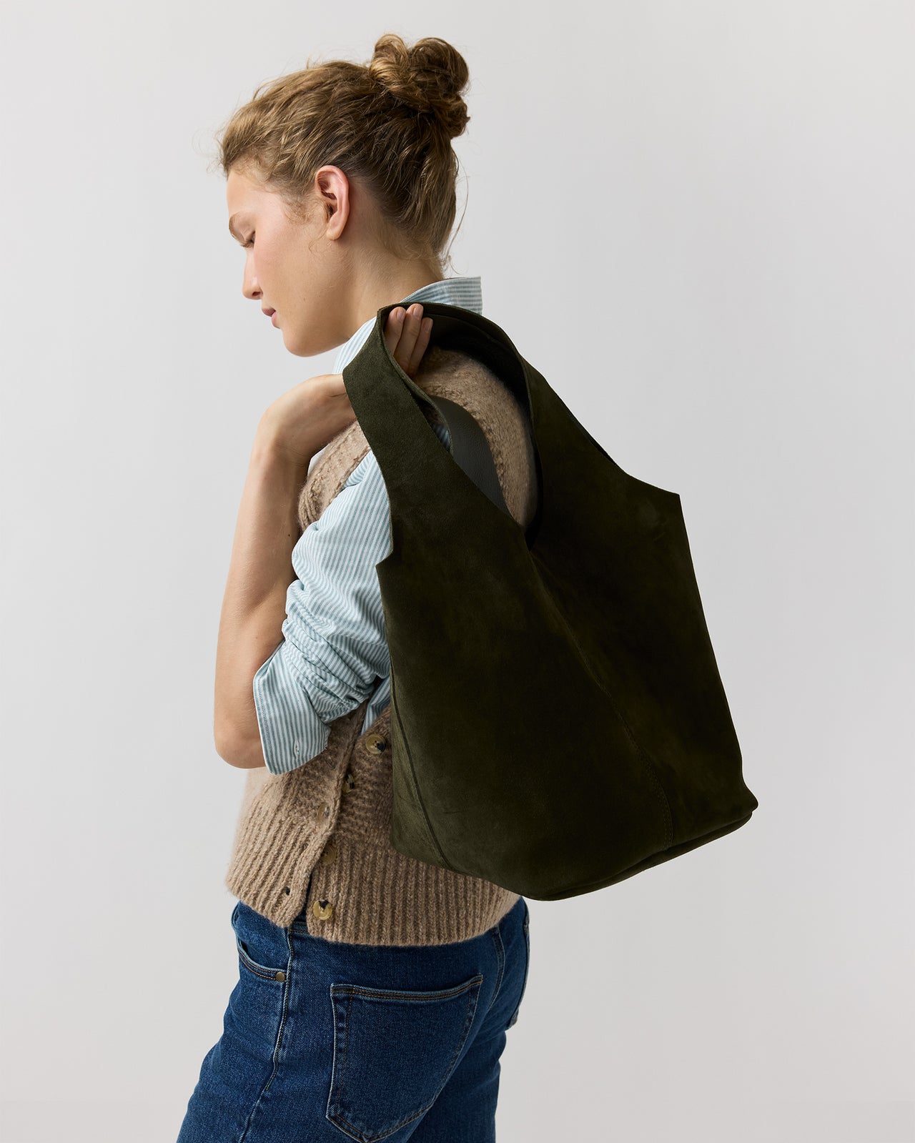 Large Paola Bucket Bag in Dark Olive Suede