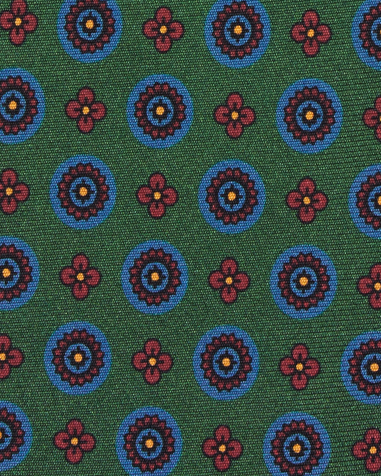 Silk Print Tie in Green/Lapis/Red Medallion
