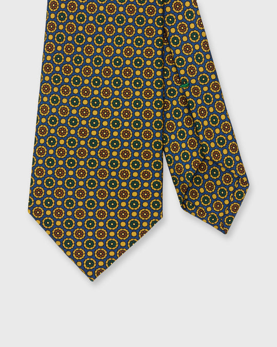 Silk Print Tie in Blue/Gold/Brown Flower Medallion
