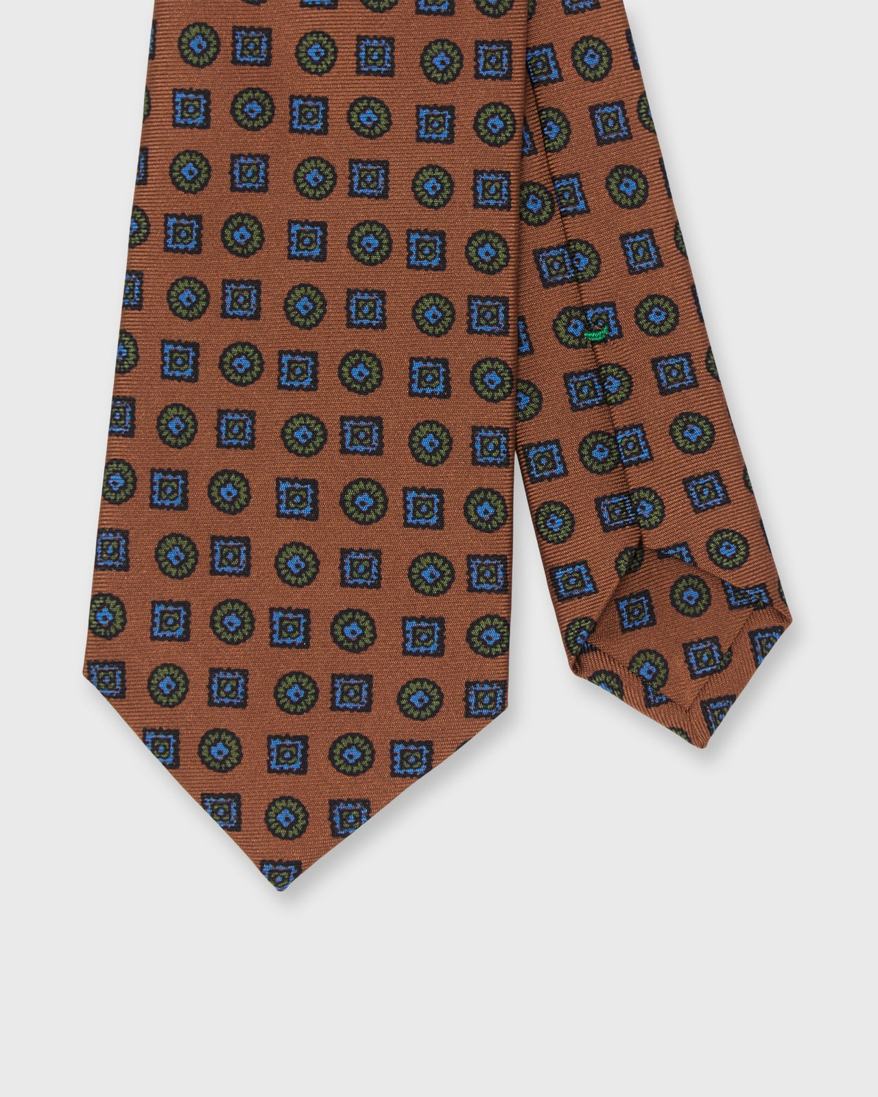 Silk Print Tie in Brown/Gold/Blue Foulard