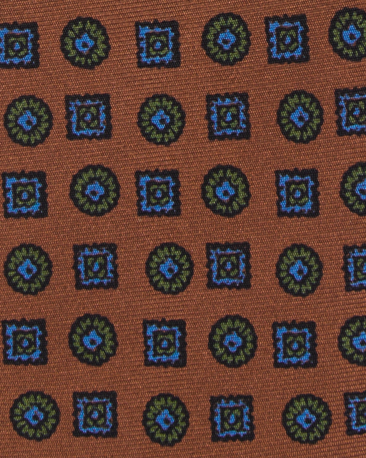 Silk Print Tie in Brown/Gold/Blue Foulard