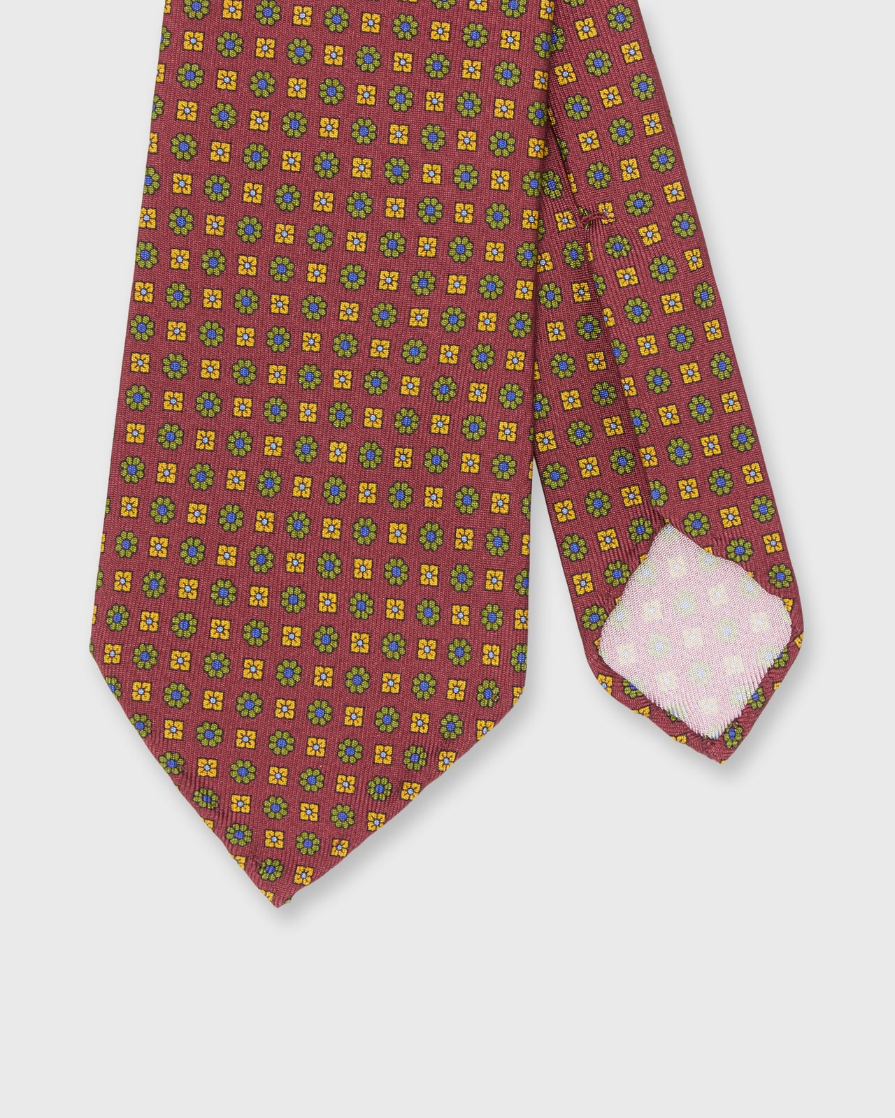 Hand-Rolled Silk Print Tie in Beet/Avocado/Yellow Flower