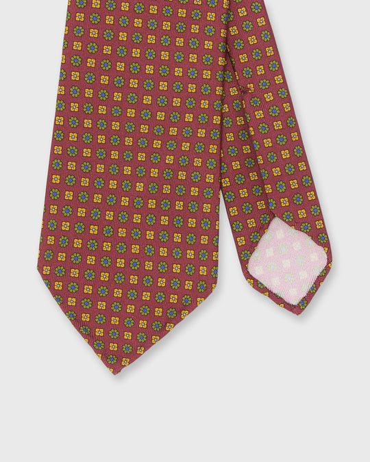 Hand-Rolled Silk Print Tie in Beet/Avocado/Yellow Flower