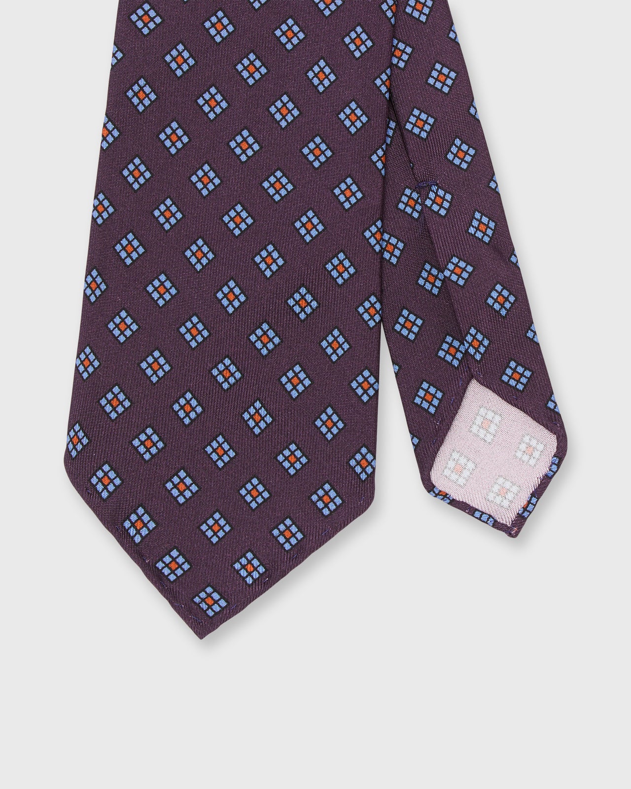 Hand-Rolled Silk Print Tie in Plum/Blue Geometric Square