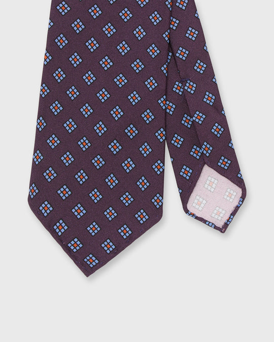 Hand-Rolled Silk Print Tie in Plum/Blue Geometric Square