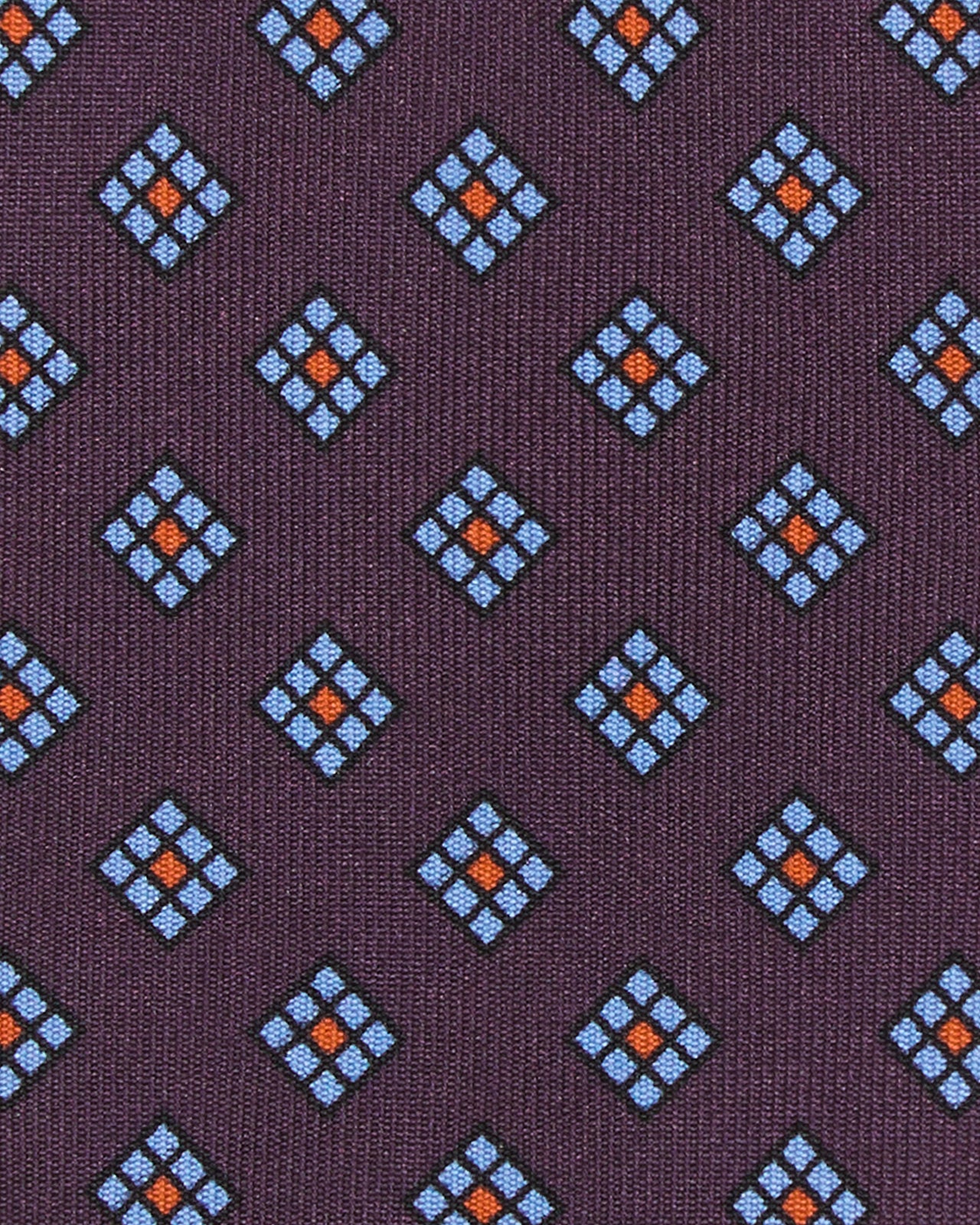 Hand-Rolled Silk Print Tie in Plum/Blue Geometric Square