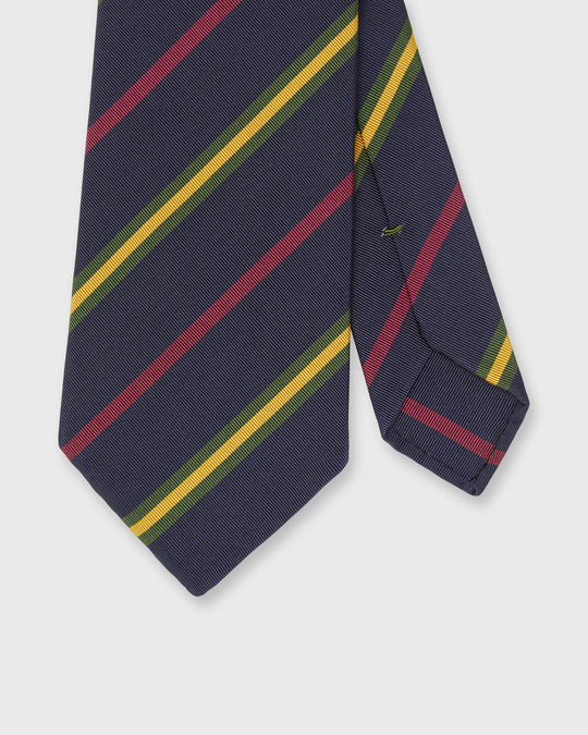 Hand-Rolled Silk/Cotton Woven Tie in Navy/Berry/Gold Stripe