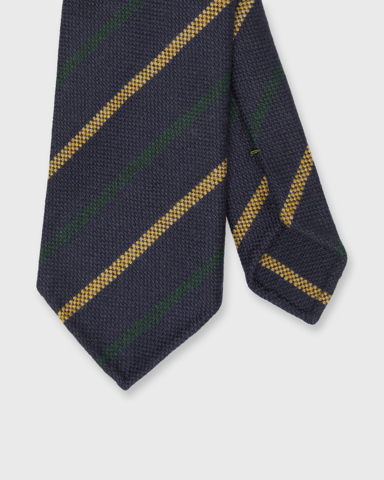Hand-Rolled Wool Woven Tie in Navy/Forest/Gold Stripe