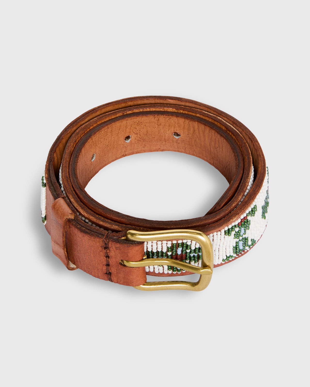 1.25" African Beaded Belt in White/Green Flower