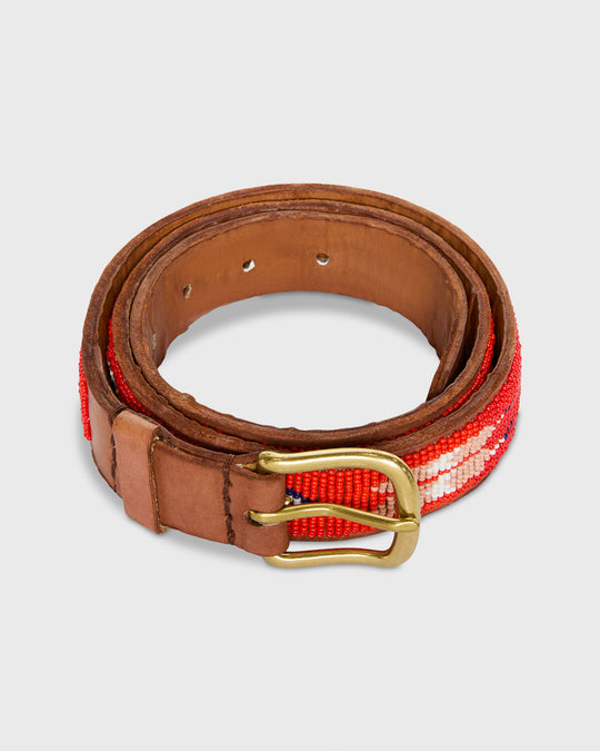 1.25" African Beaded Belt in Red Multi Feather