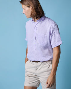 Short-Sleeved Button-Down Popover Shirt in Lavender Linen