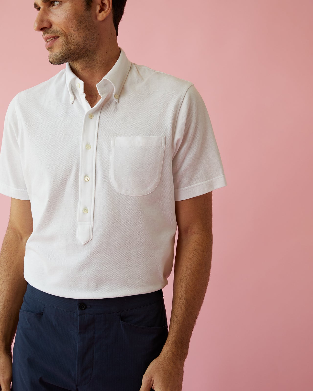 Short-Sleeved Knit Button-Down Popover Shirt in White Pima Pique | Shop Sid Mashburn Short-Sleeved Knit Button-Down Popover Shirt in White Pima Pique | Shop Sid Mashburn