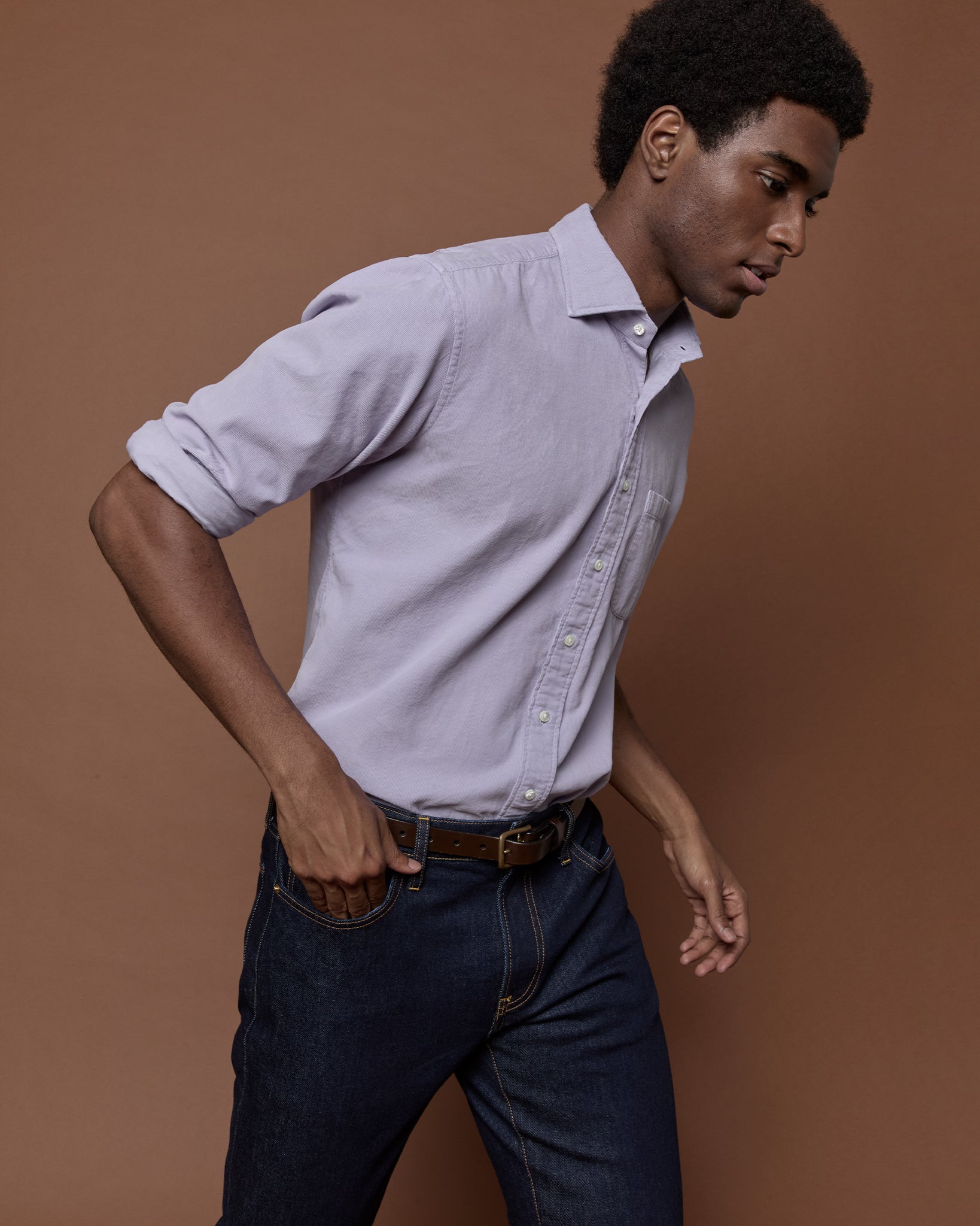 Spread Collar Sport Shirt in Lavender Corduroy