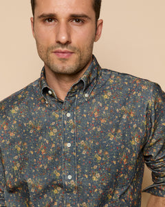 Button-Down Sport Shirt in Ink/Multi Floral Corduroy