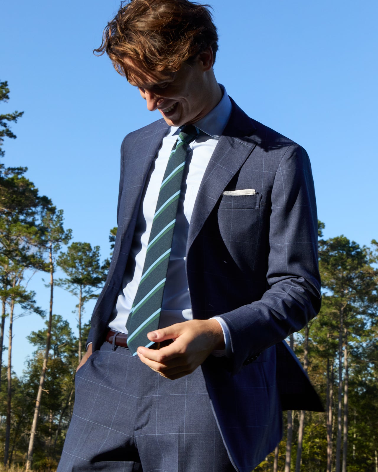 Irish Poplin Tie in Navy/Sky/Hunter Stripe