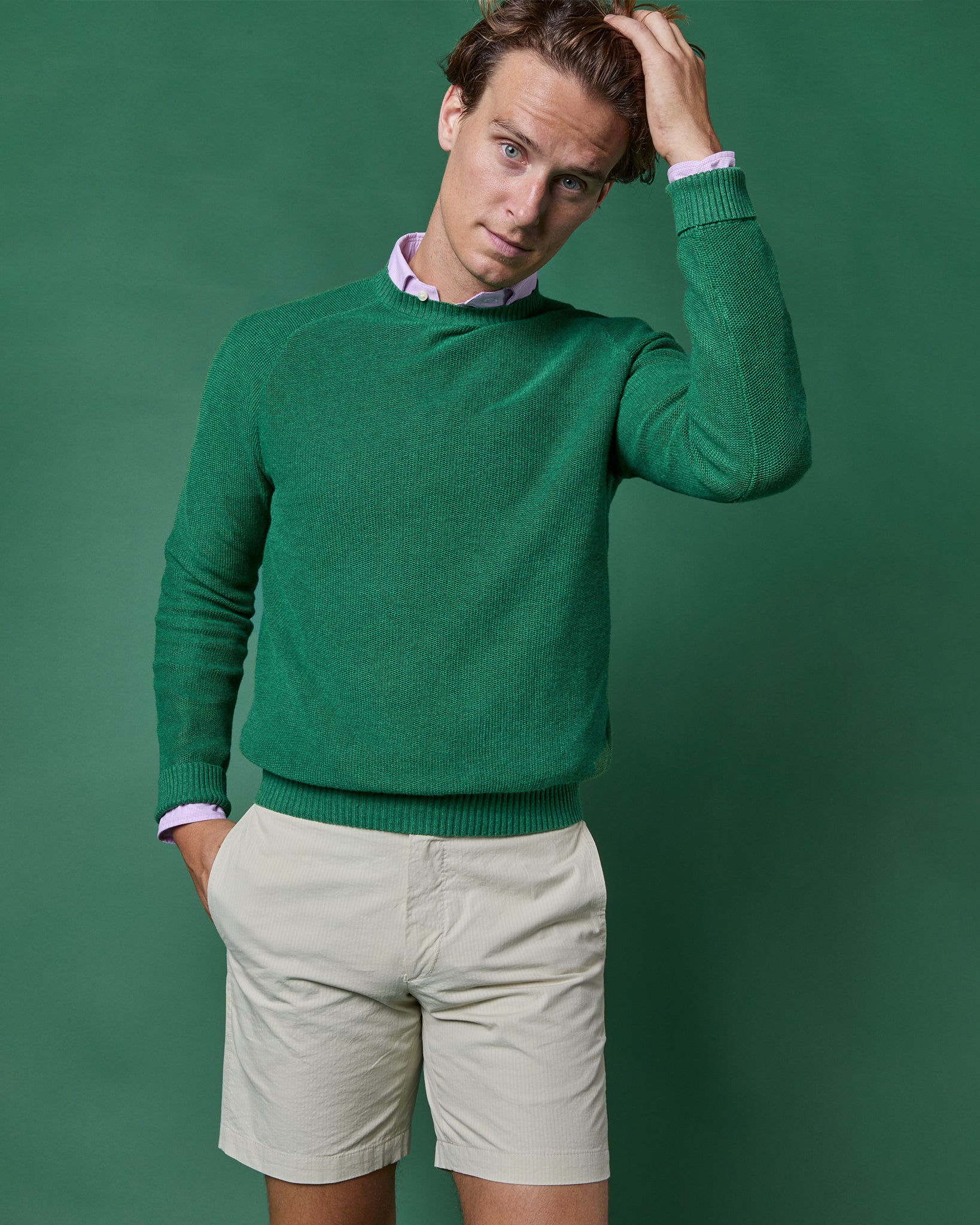 Lightweight Beach Crewneck Sweater in Heathered Green Cotton/Linen