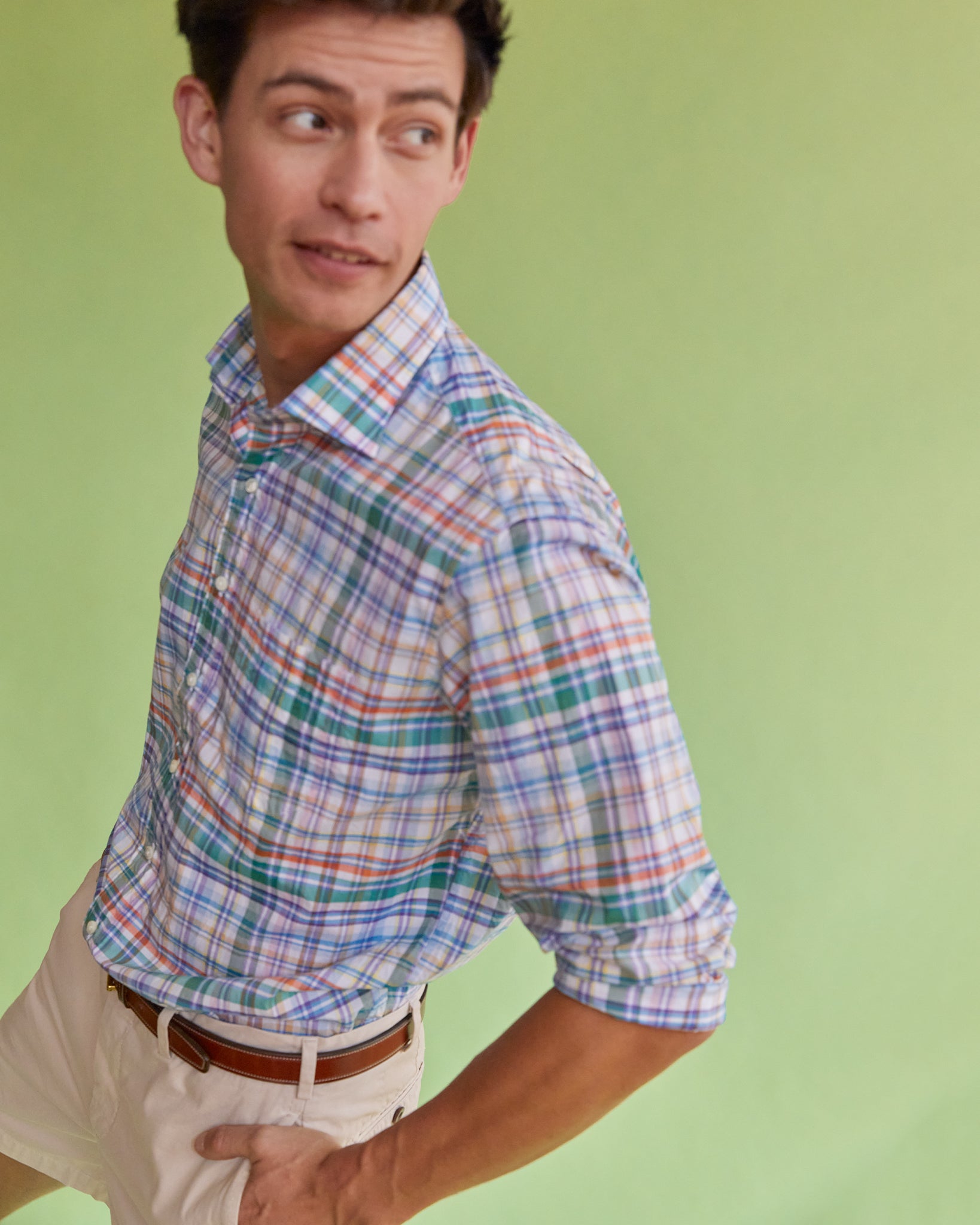 Spread Collar Sport Shirt in Green/Blue/Pink Multi Plaid Poplin