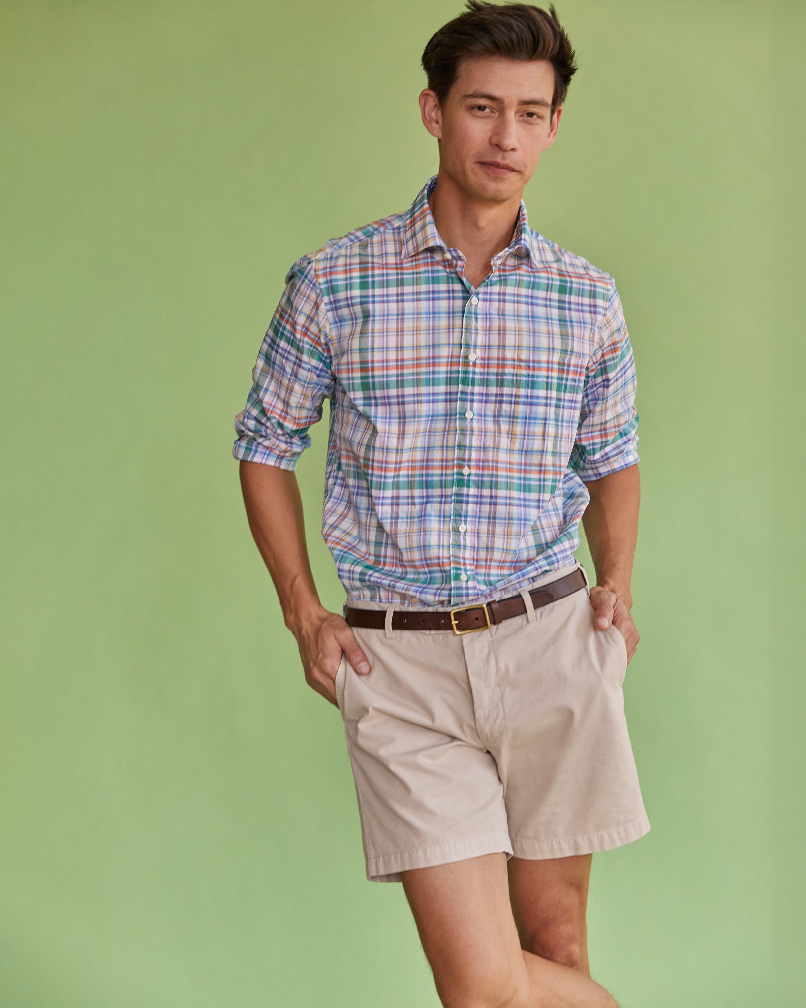 Spread Collar Sport Shirt in Green/Blue/Pink Multi Plaid Poplin