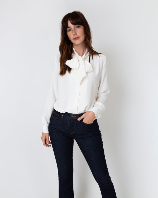 Tie-Neck Blouse in Ivory Silk Crepe de Chine