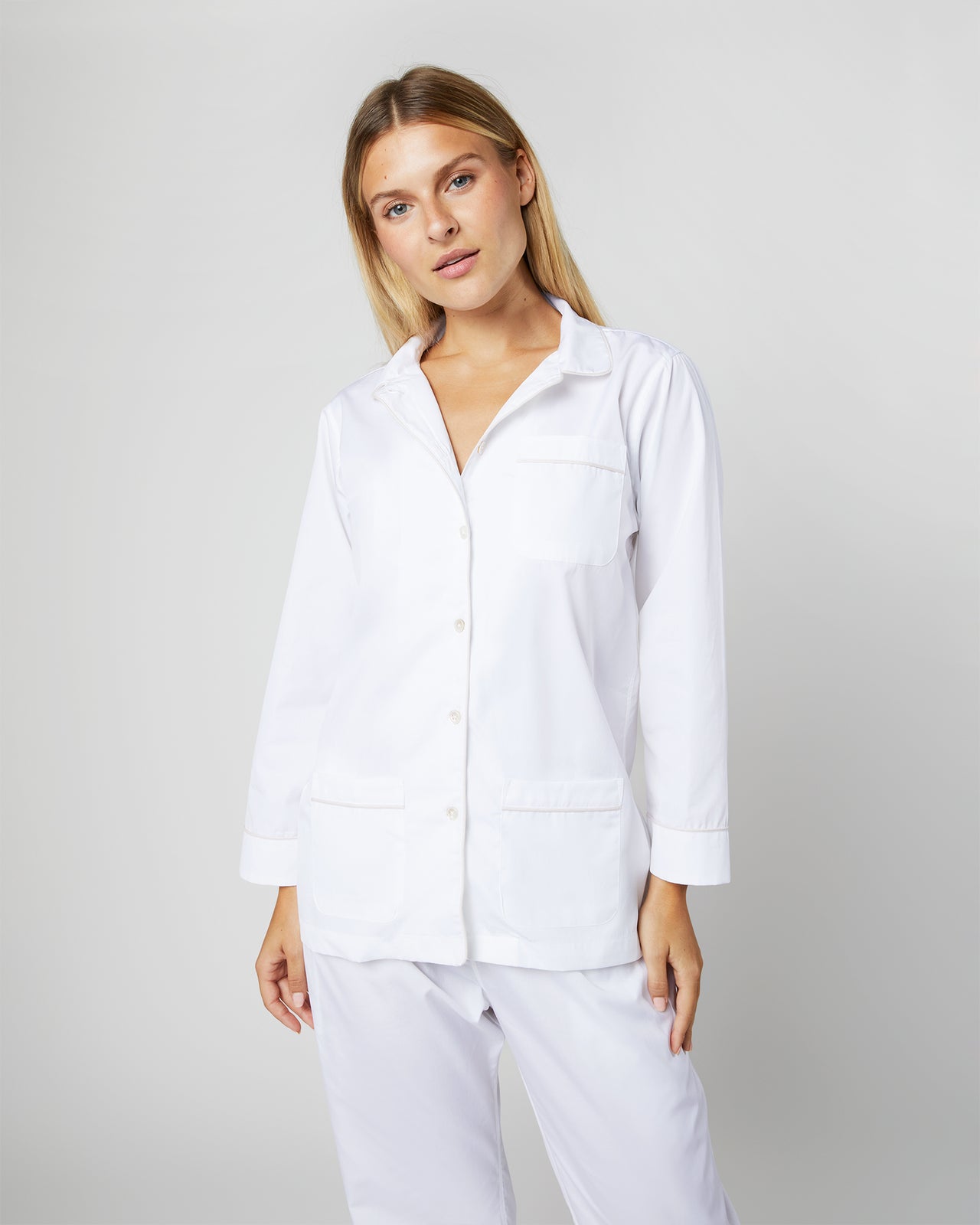 Pajama Set in White Poplin/Pink Trim