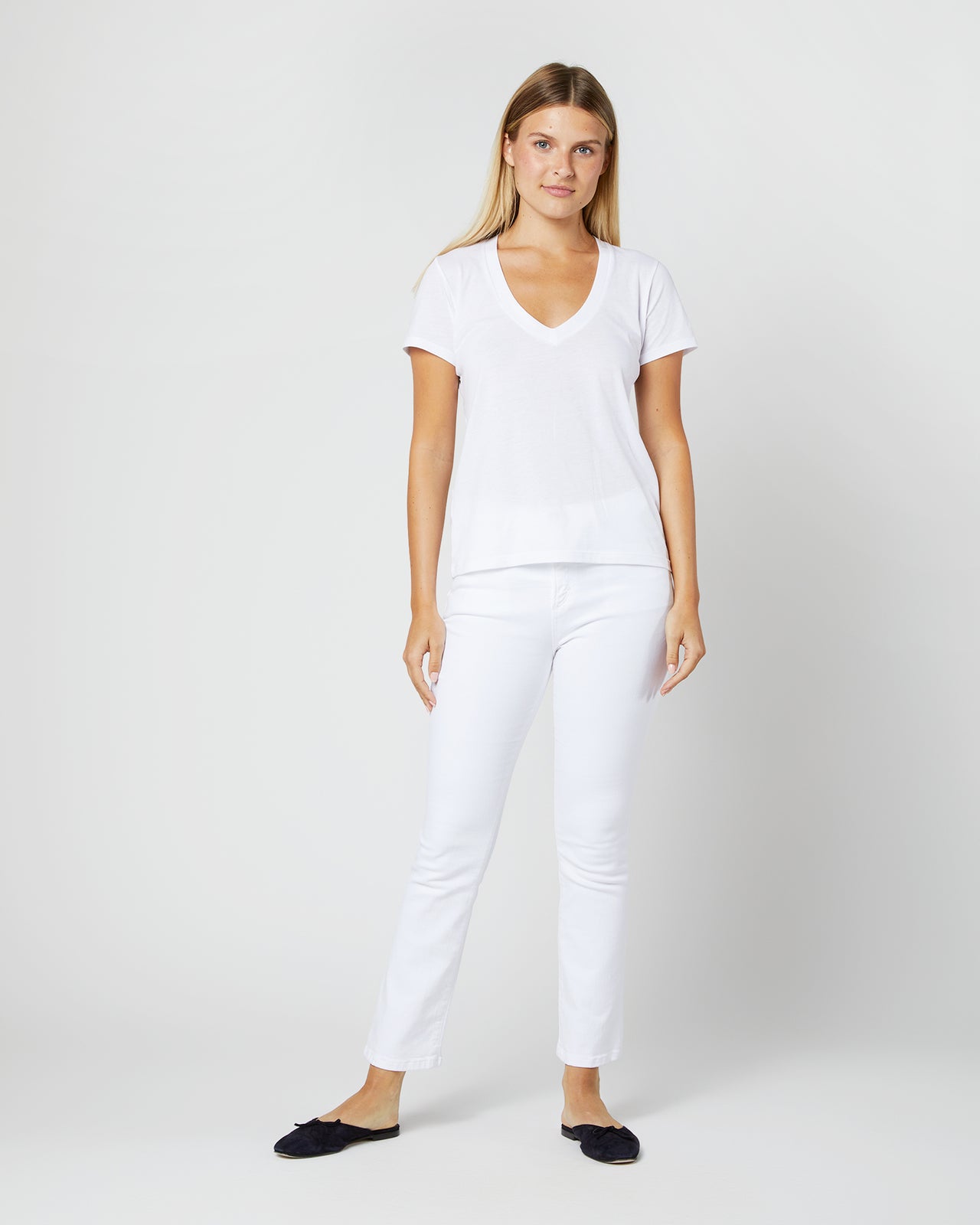 Short-Sleeved Deep-V Tee in White Pima Cotton