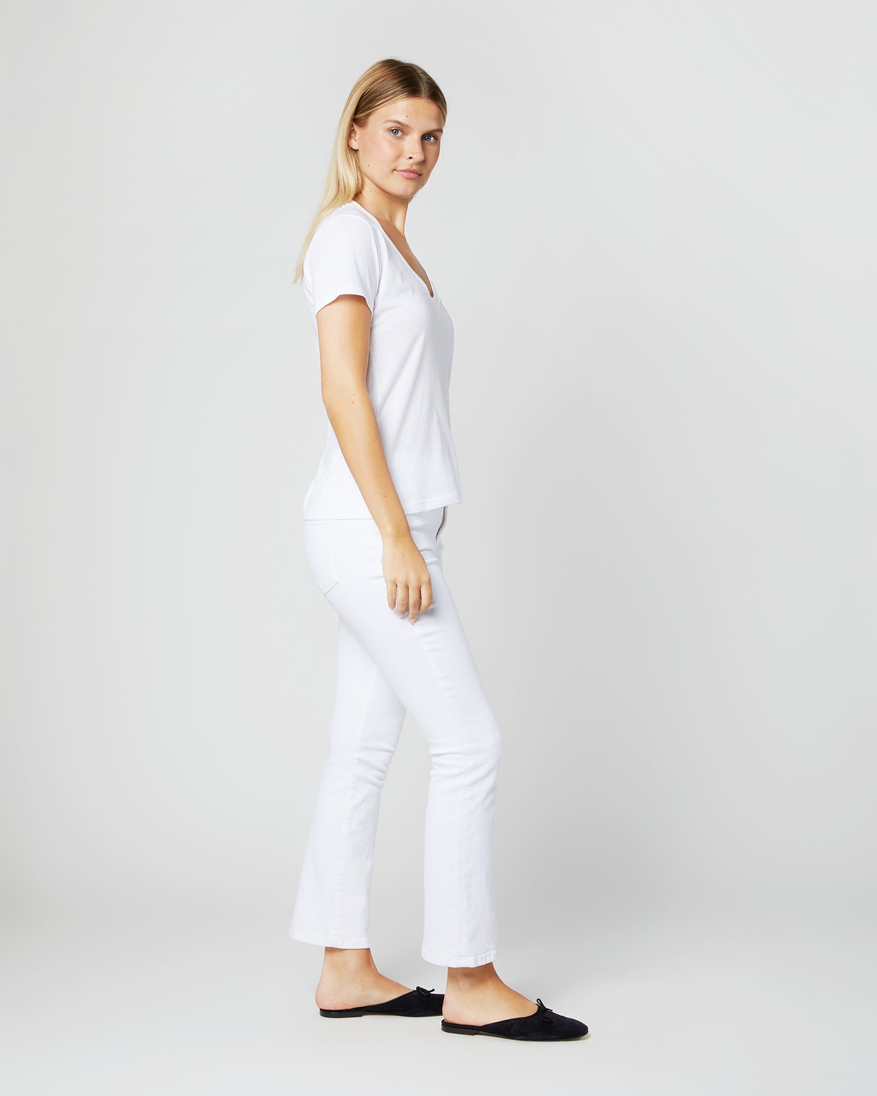 Short-Sleeved Deep-V Tee in White Pima Cotton