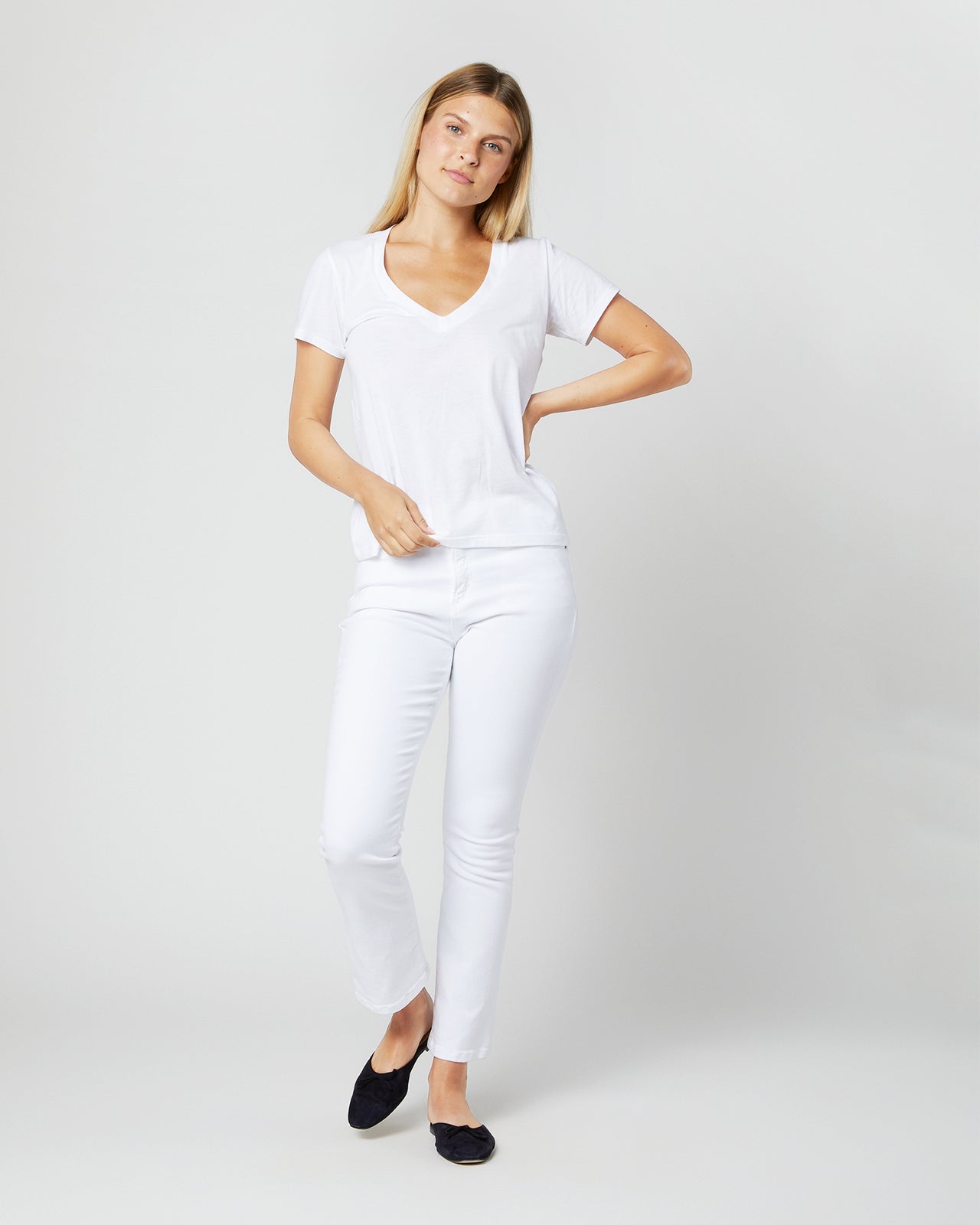 Short-Sleeved Deep-V Tee in White Pima Cotton