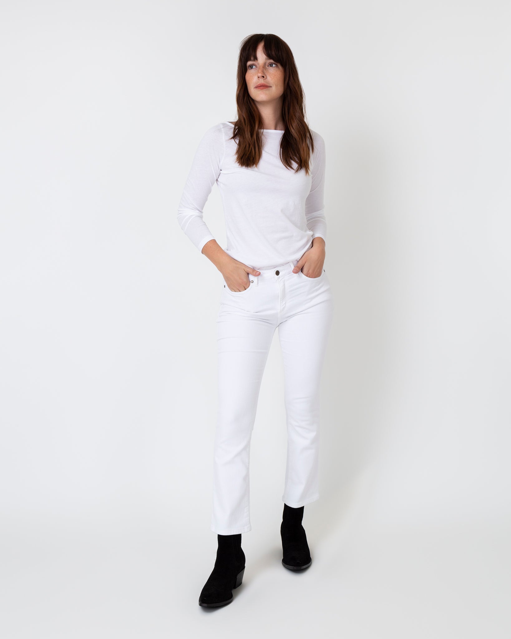Long-Sleeved Boatneck Tee in White Pima Cotton