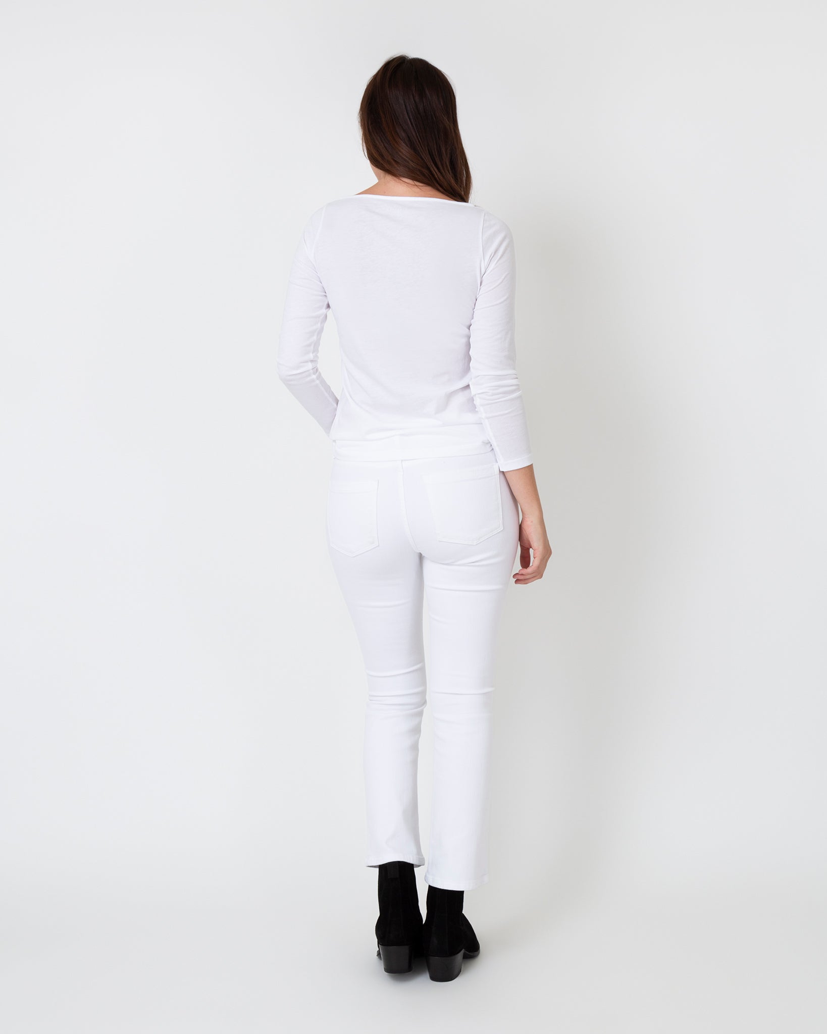 Long-Sleeved Boatneck Tee in White Pima Cotton