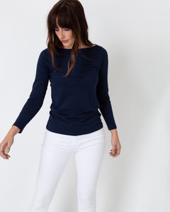 Long-Sleeved Boatneck Tee in Navy Pima Cotton