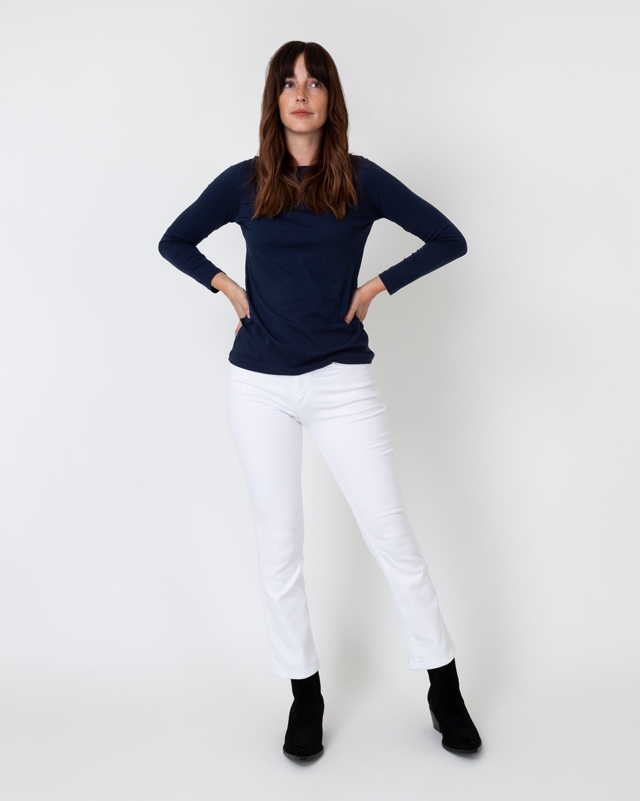 Long-Sleeved Boatneck Tee in Navy Pima Cotton