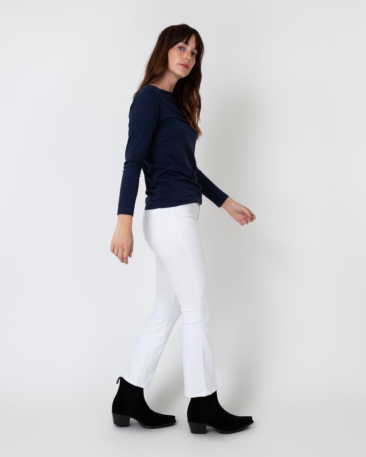 Long-Sleeved Boatneck Tee in Navy Pima Cotton