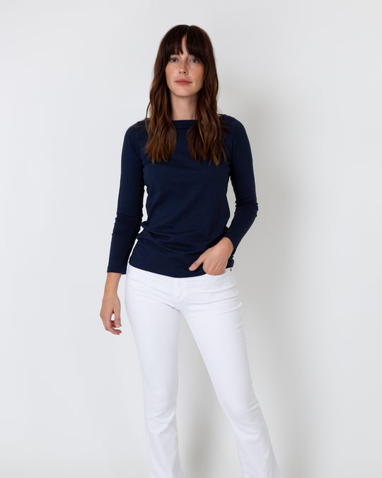 Long-Sleeved Boatneck Tee in Navy Pima Cotton