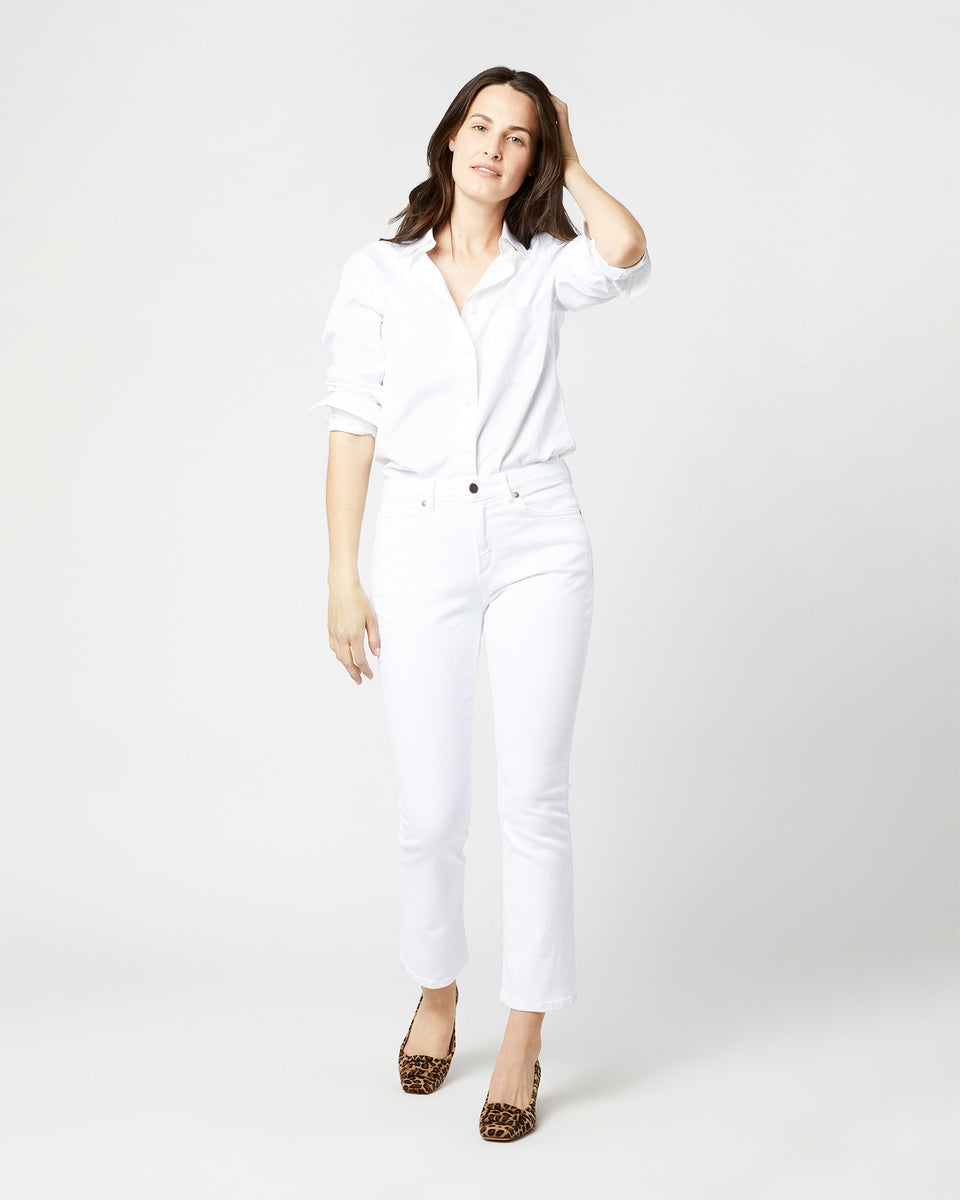 Flare Cropped 5-Pocket Jean in White Stretch Denim | Shop Ann Mashburn