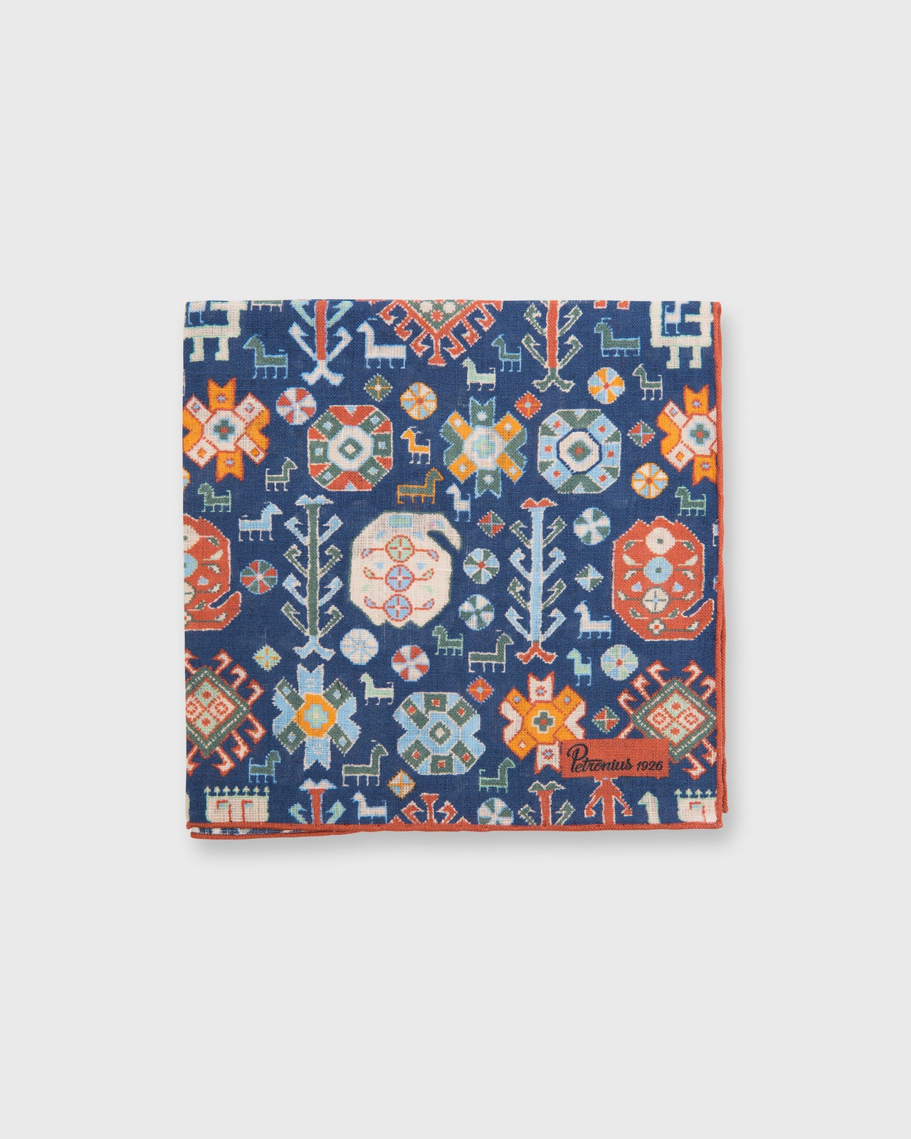 Linen Pocket Square in Navy/Ecru/Oregano/Sky/Brick Aztec Motif