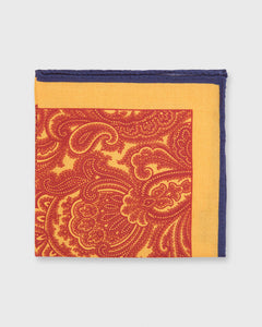 Wool/Silk Print Pocket Square Collegiate Gold/Vermillion/Navy Large Paisley